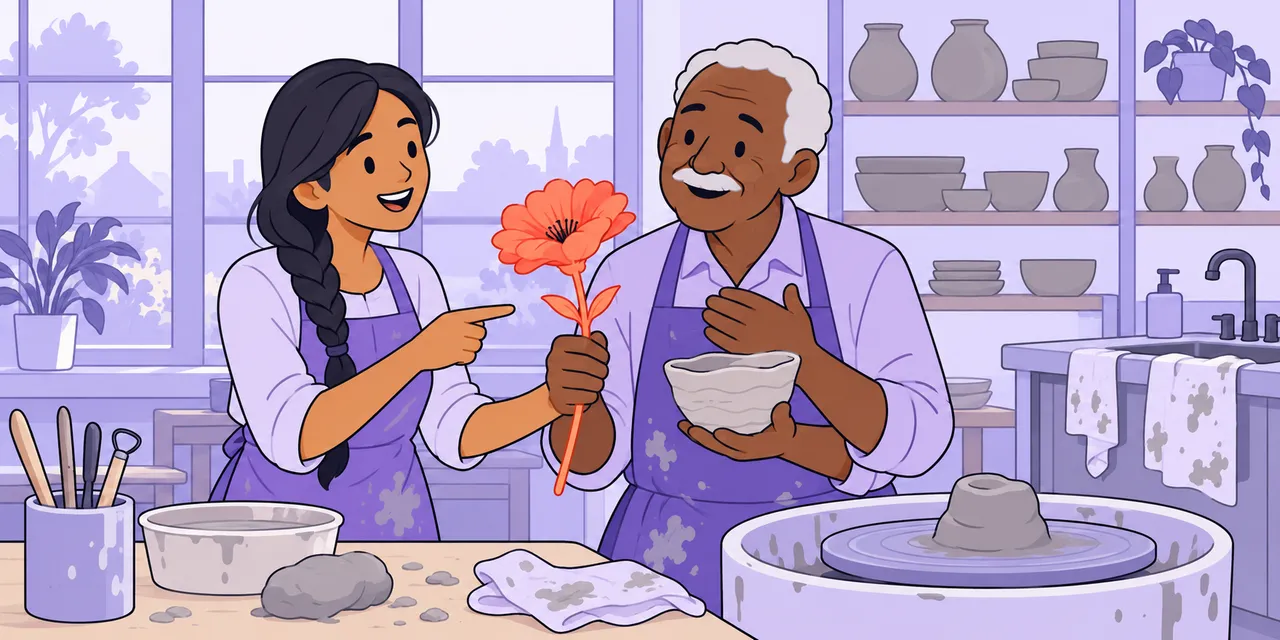 In a pottery class, a young woman praises an older man's bowl and hands him a flower; he smiles, hand on heart.