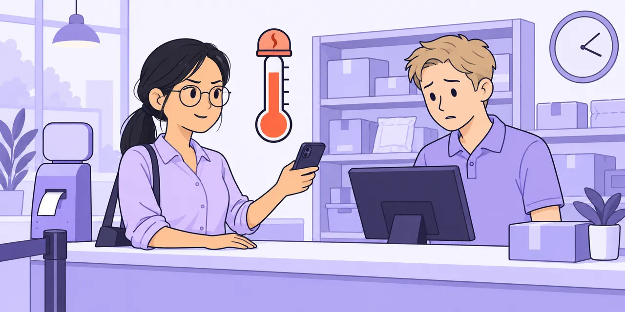 At a parcel counter, a woman holds up her phone with a tight, polite smile while a clerk checks the screen.