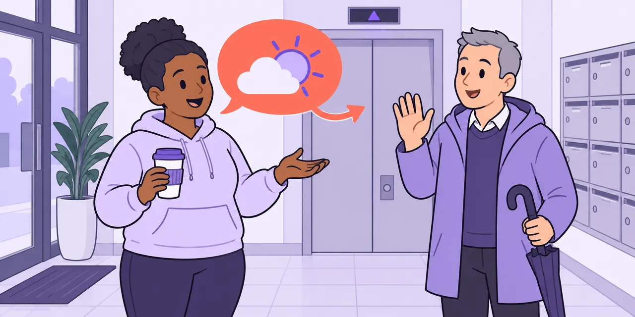 By the lift in a block of flats, Mia answers her neighbour's greeting; her speech bubble shows a sun peeking from behind a cloud.