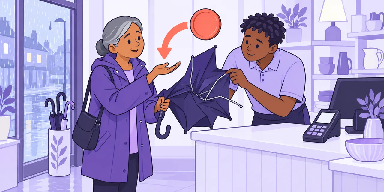 At a shop counter on a rainy day, a woman hands back an inside-out umbrella, a coin with an arrow curving back to her hand.