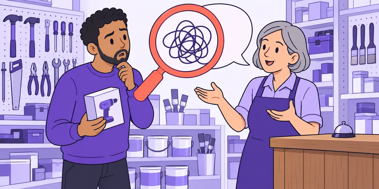 In a hardware shop, Sam holds a magnifying glass up to the assistant's tangled, scribbled speech bubble.