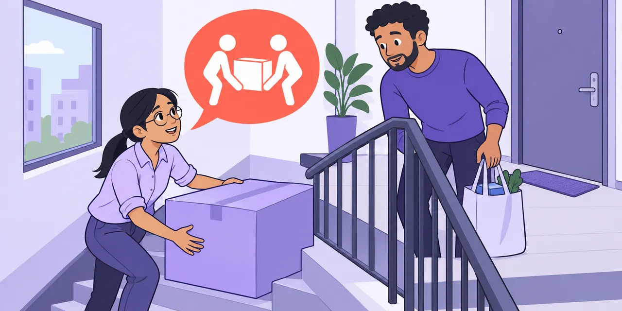On moving day, Jo struggles with a big box on the stairs and asks Sam above for a hand; her speech bubble shows two people lifting a box.