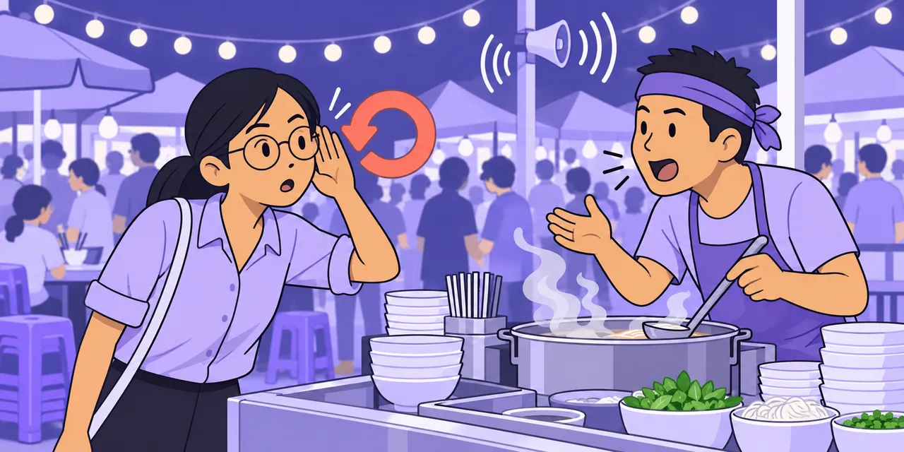 At a noisy night-market stall, Jo cups her ear towards the cook, with a replay arrow beside her ear.