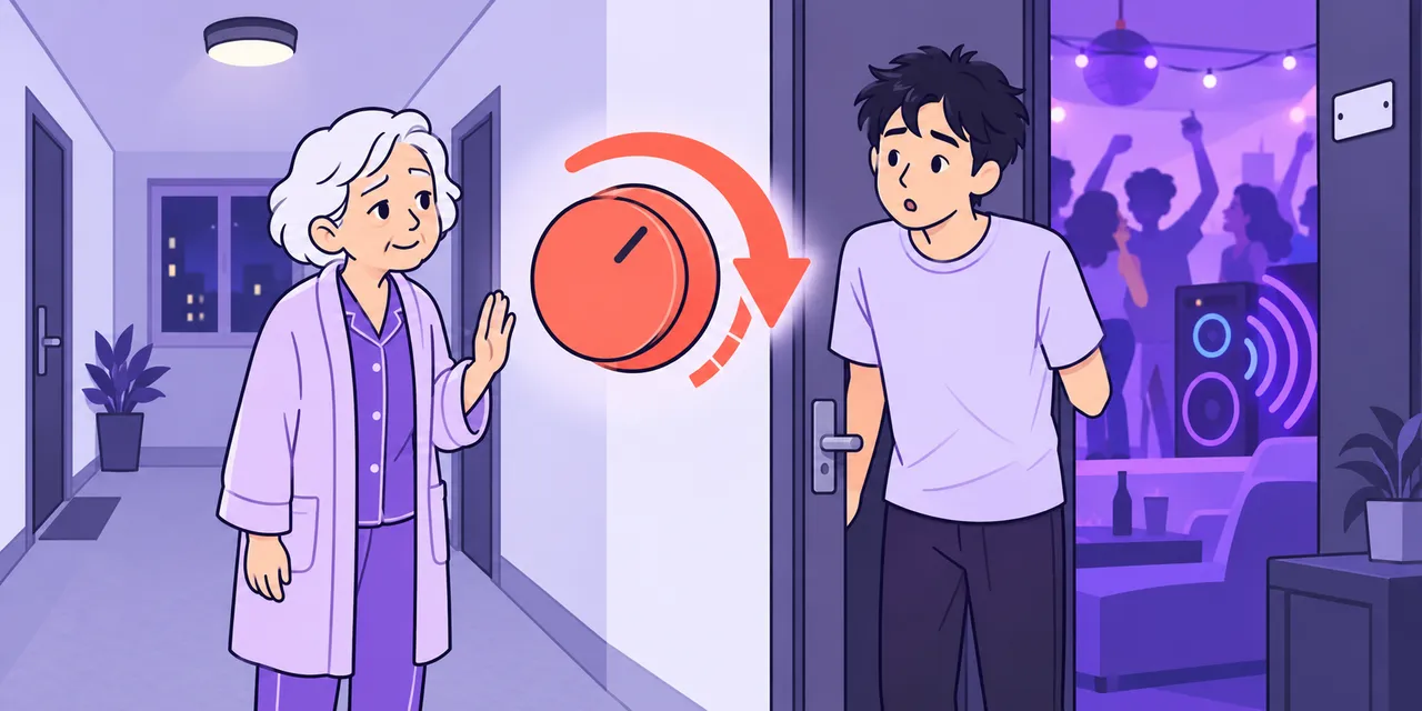 In a flat corridor at night, a neighbour in a dressing gown asks a young man at a party door to turn down a big volume knob.