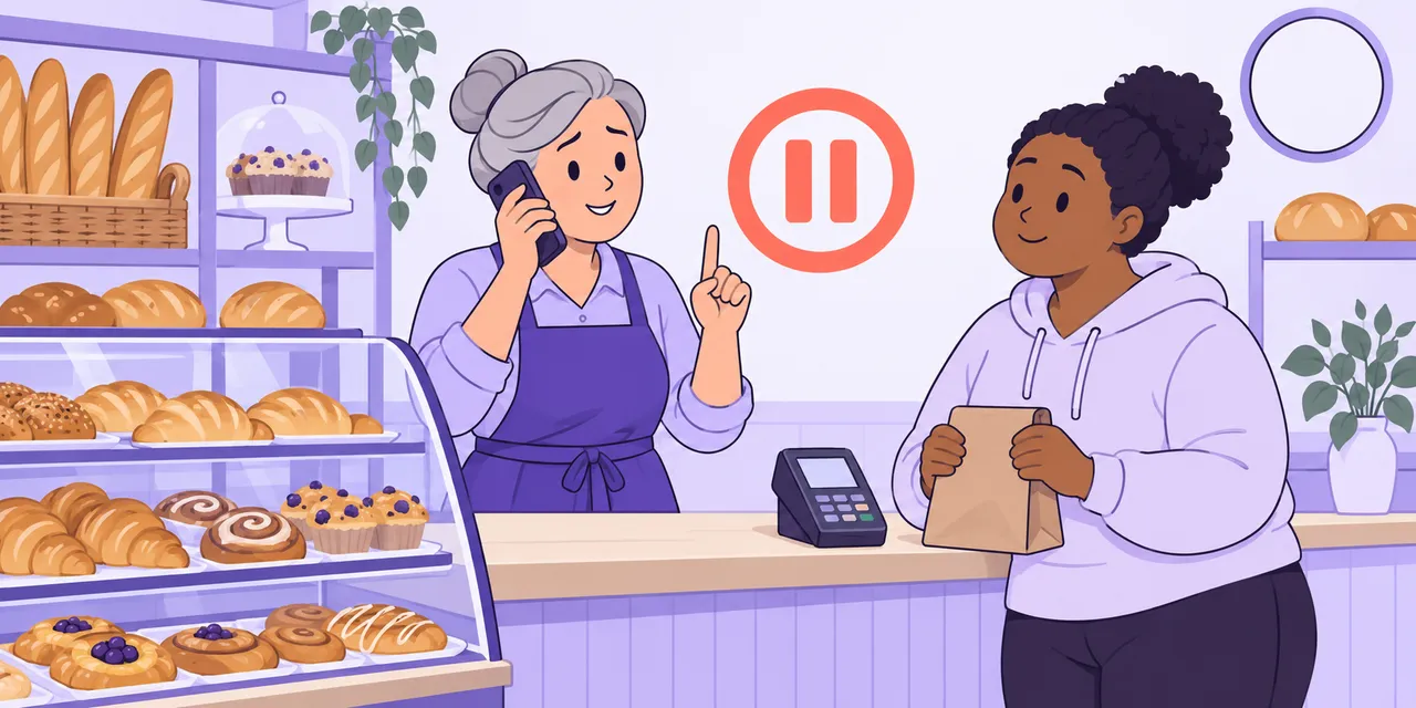 At a bakery counter, the baker on the phone raises one finger to Mia, with a pause symbol between them.