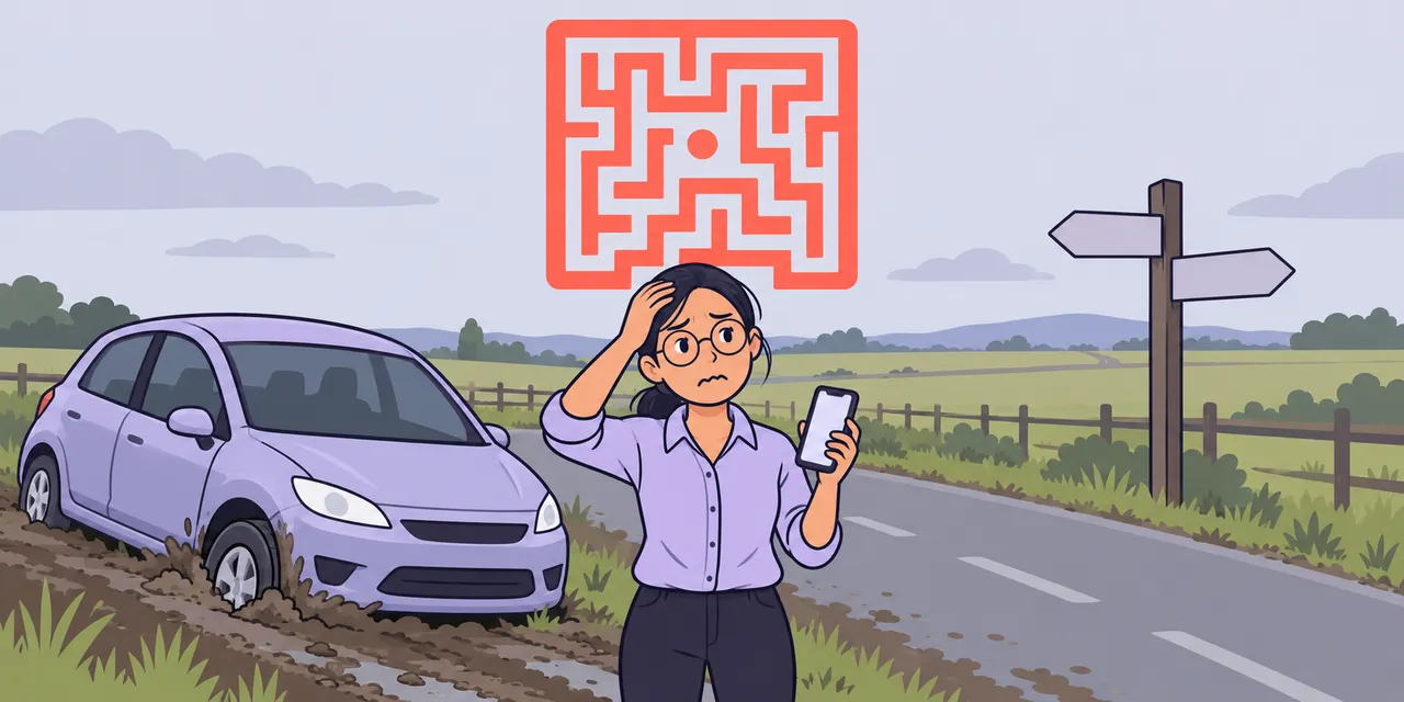 On a quiet country road beside a car stuck in the mud, Jo holds her forehead under a maze with no way out.
