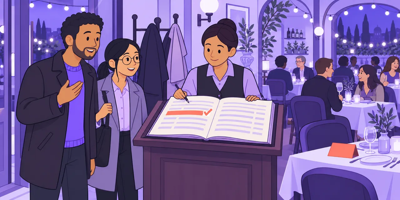 A couple arrive at a busy restaurant and the host finds their booking in the reservation book.