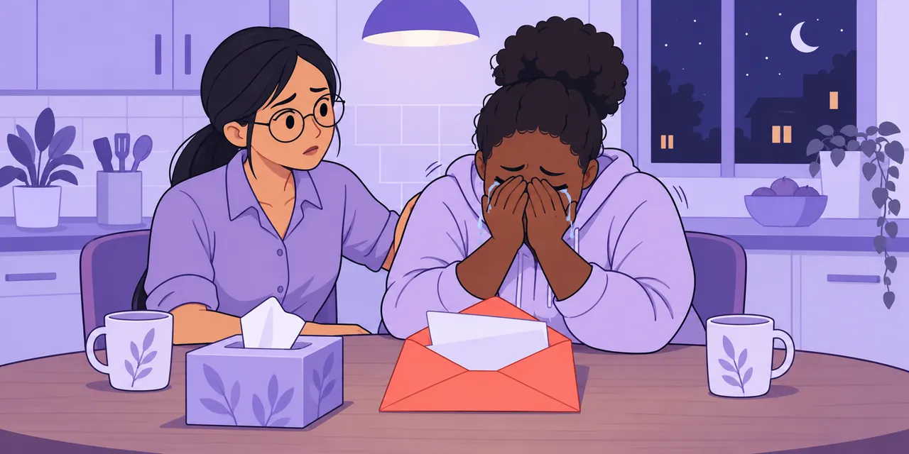 A woman at a kitchen table cries into her hands over an opened letter while her friend comforts her.