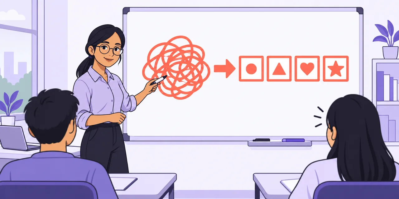 A teacher points at a whiteboard where one tangled scribble becomes four small, simple parts.