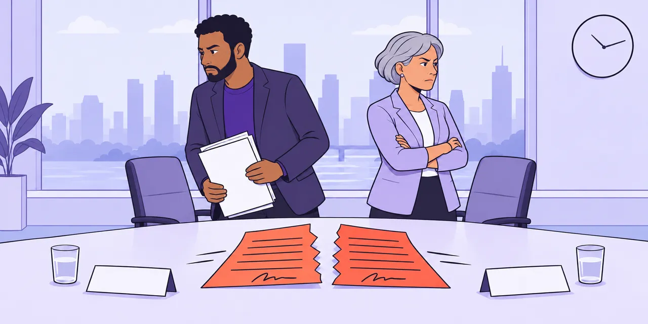 Two business people turn away from each other across a meeting table; the deal between them has split in two.
