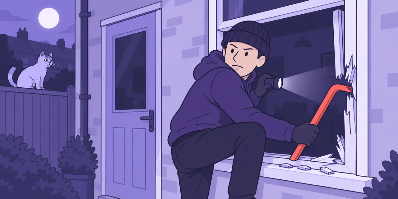 A scene showing “break in” meaning “enter a building by force”.