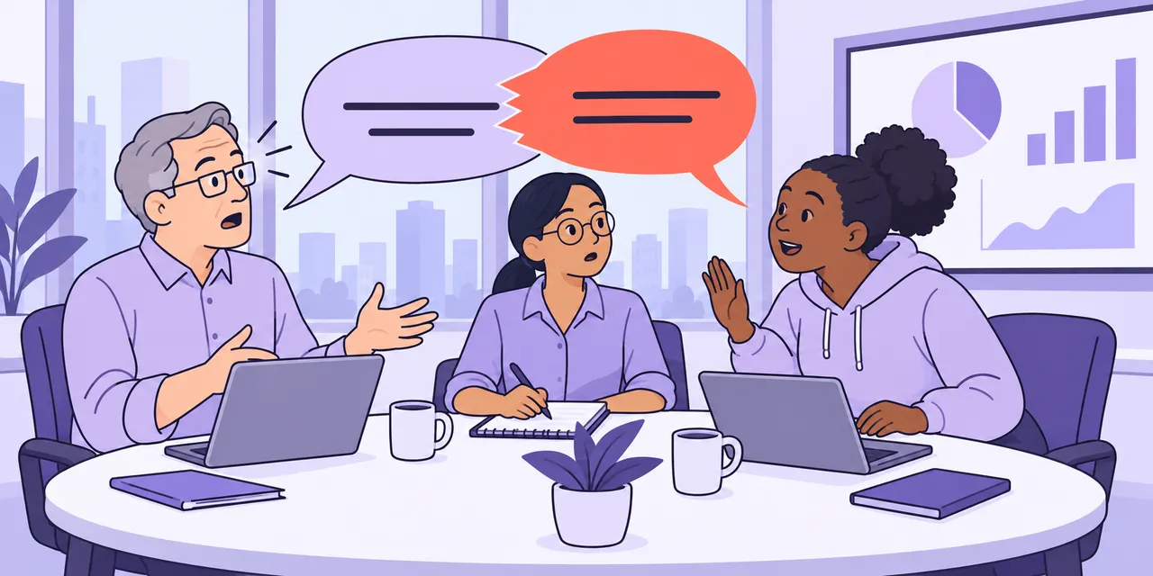 In a meeting, a woman raises her hand and starts speaking while a colleague is still talking.