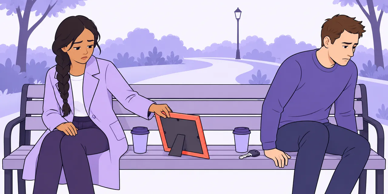 A scene showing “break up” meaning “end a romantic relationship”.