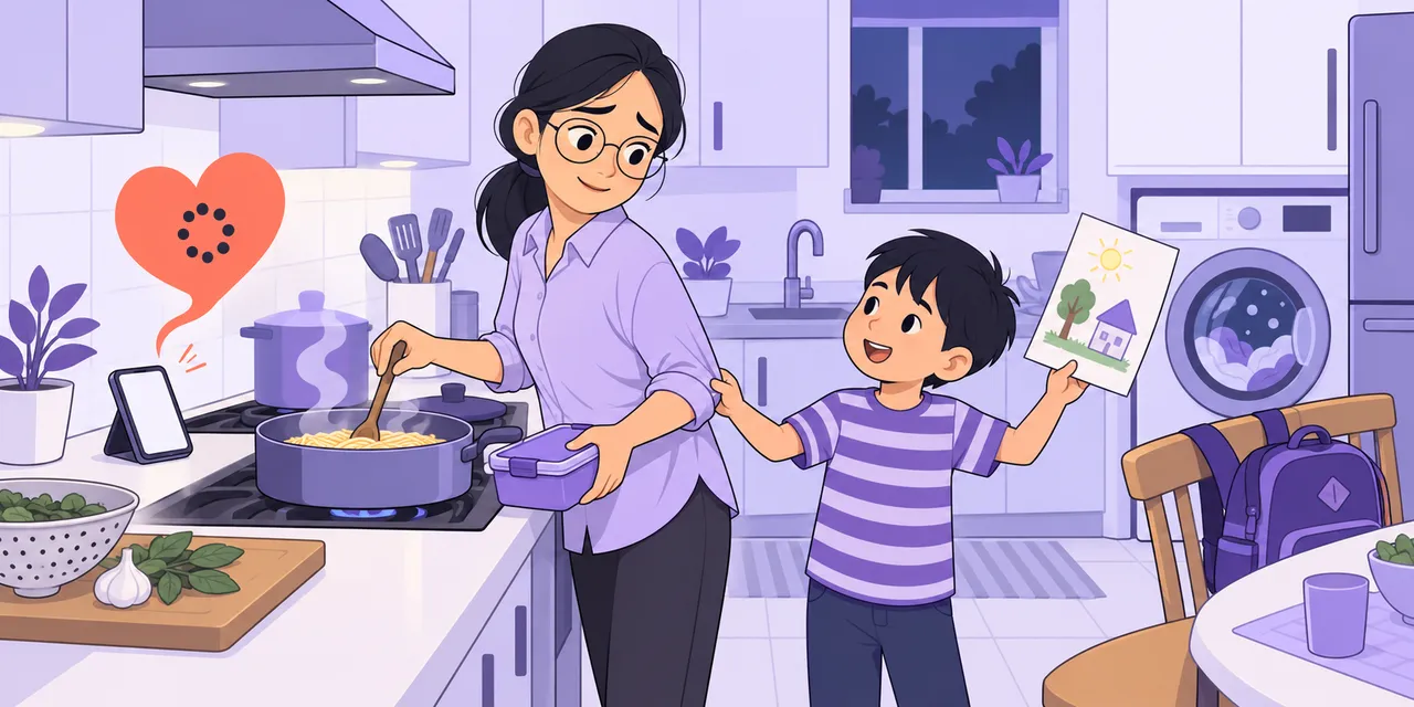 Jo cooks dinner while her son tugs her shirt; a heart with loading dots floats up from her phone on the counter.