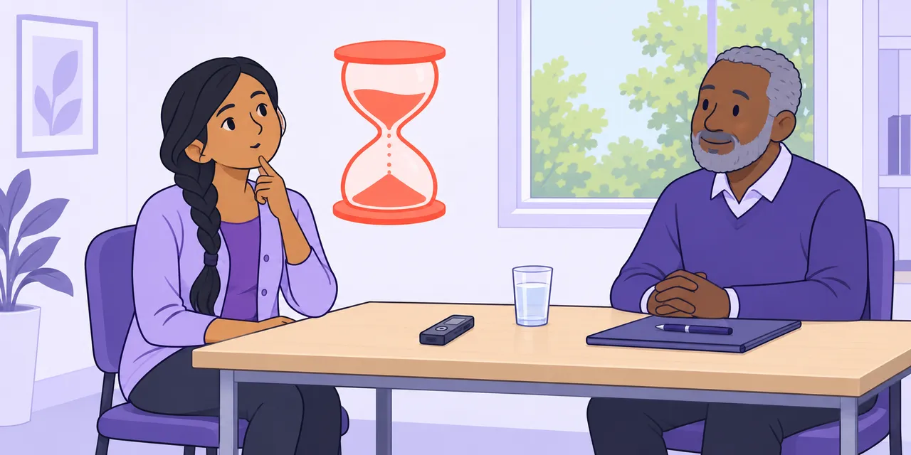 In a speaking test, a candidate touches her chin and thinks before answering the examiner, an hourglass beside her.