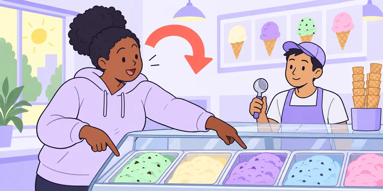 At an ice-cream counter, Mia switches her pointing finger to a different tub under a U-turn arrow.