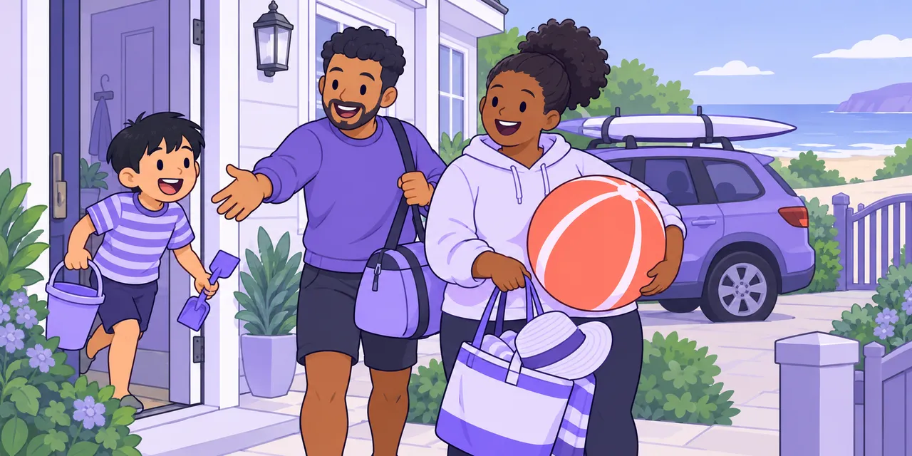 A couple with beach bags wave a boy out of the house, and he runs to join them with his bucket and spade.