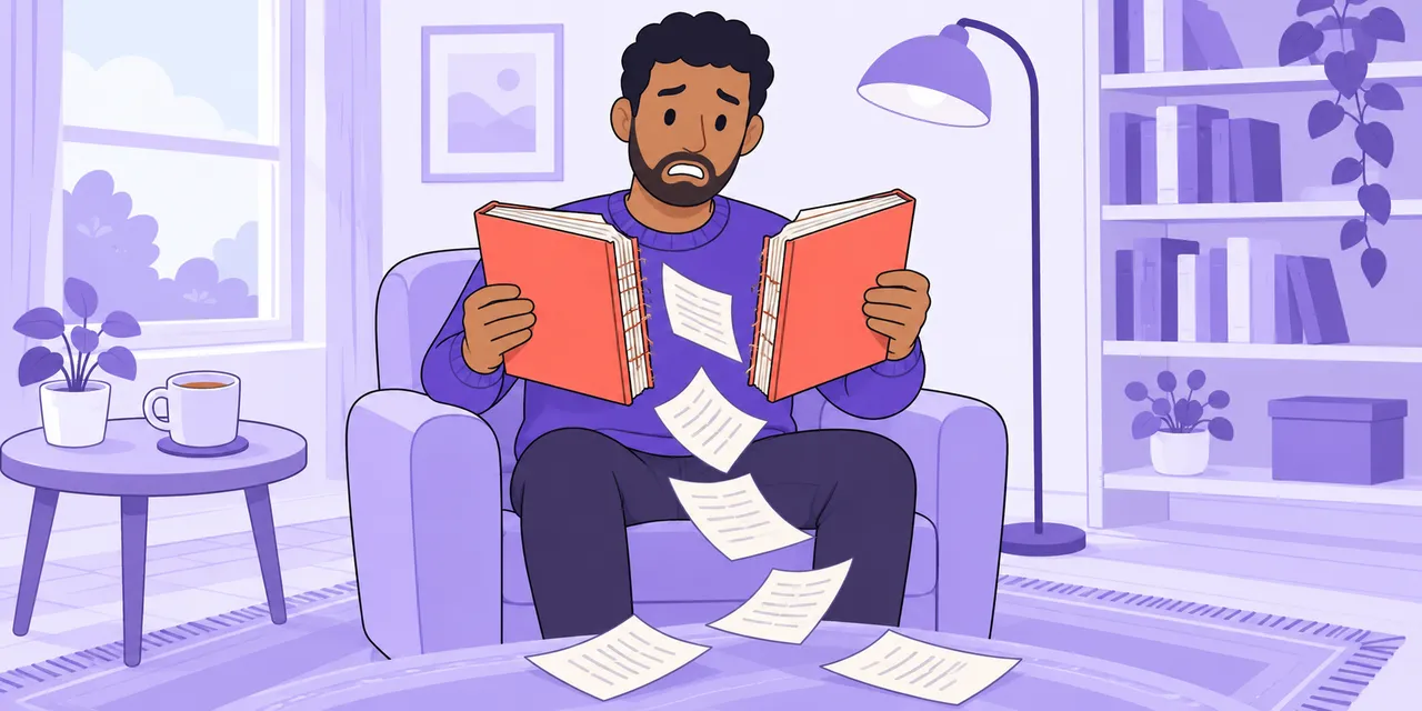 A man in an armchair holds the two halves of an old book whose spine has split, pages fluttering down.