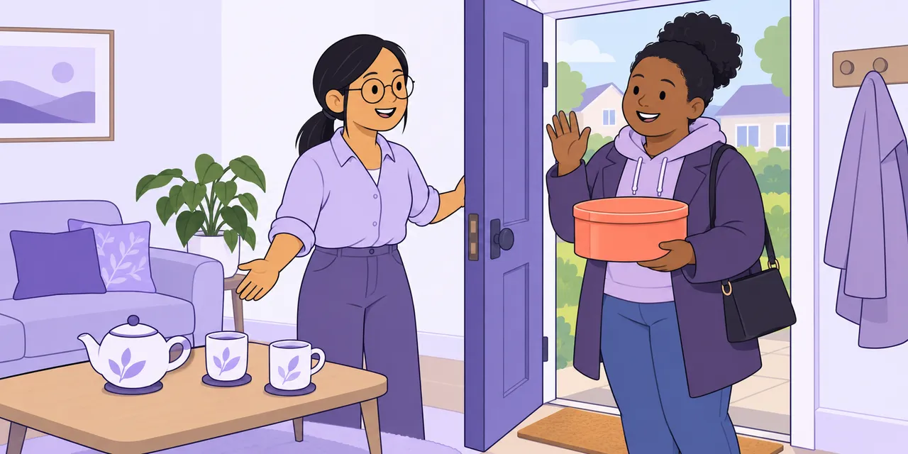 A woman opens her front door to a friend holding a cake tin, with tea set out on the table inside.