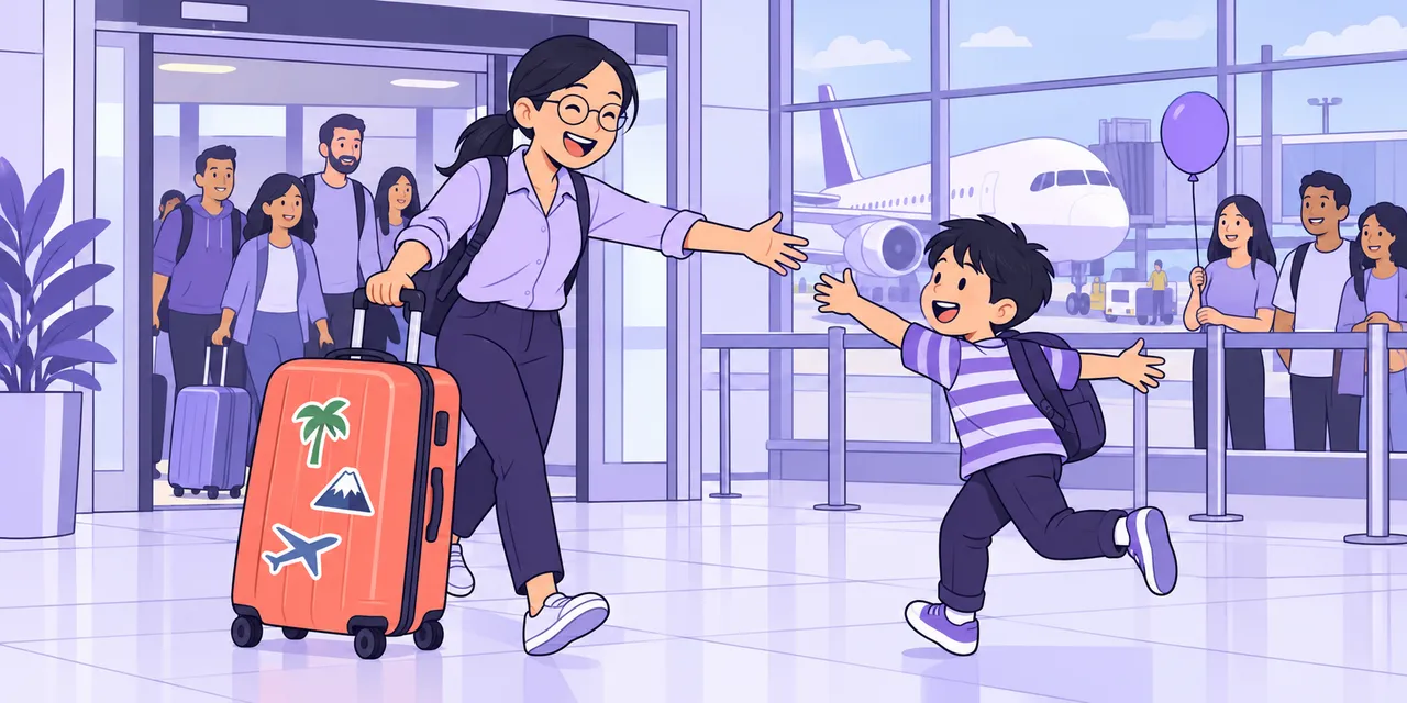 At airport arrivals, a woman with a sticker-covered suitcase opens her arms as her son runs to hug her.