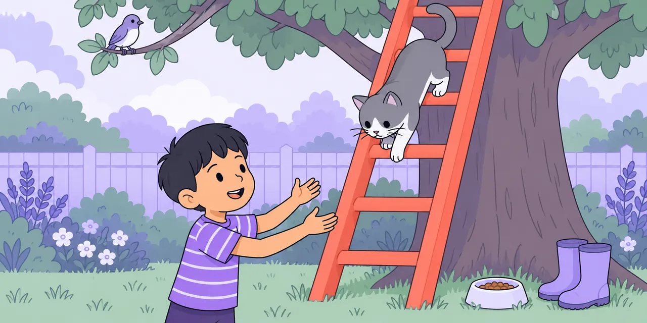 A cat climbs down a ladder leaning on a tree towards a boy waiting with his arms up.