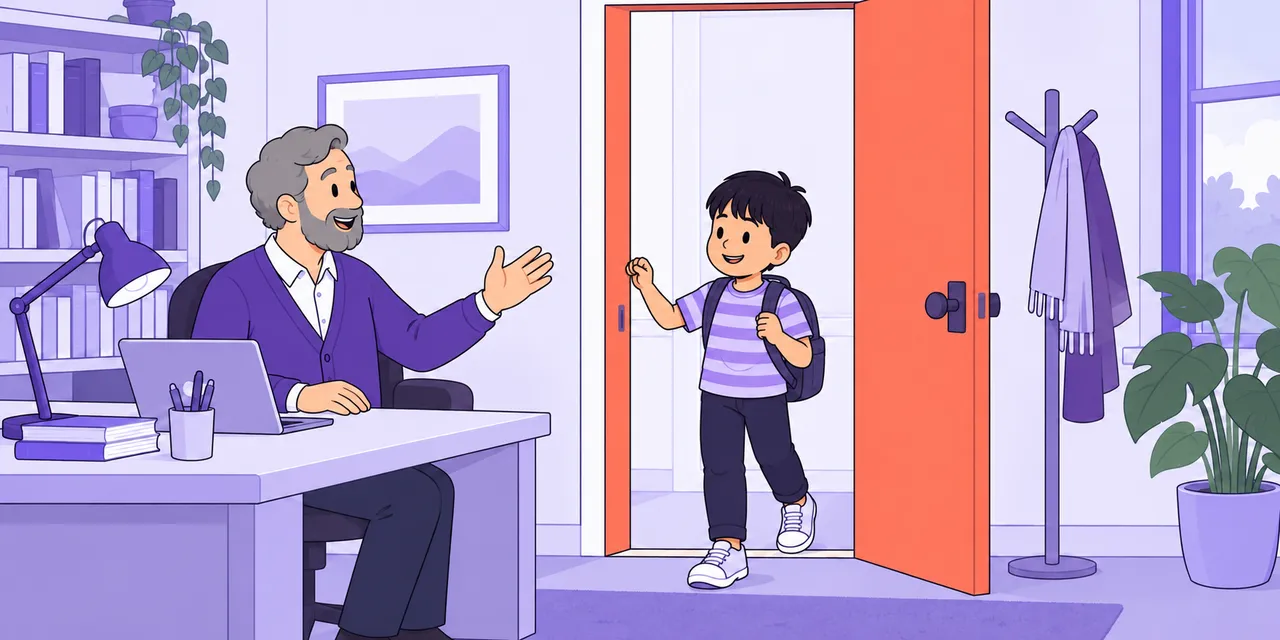 A teacher at his desk waves a boy in as he steps through the open office door.