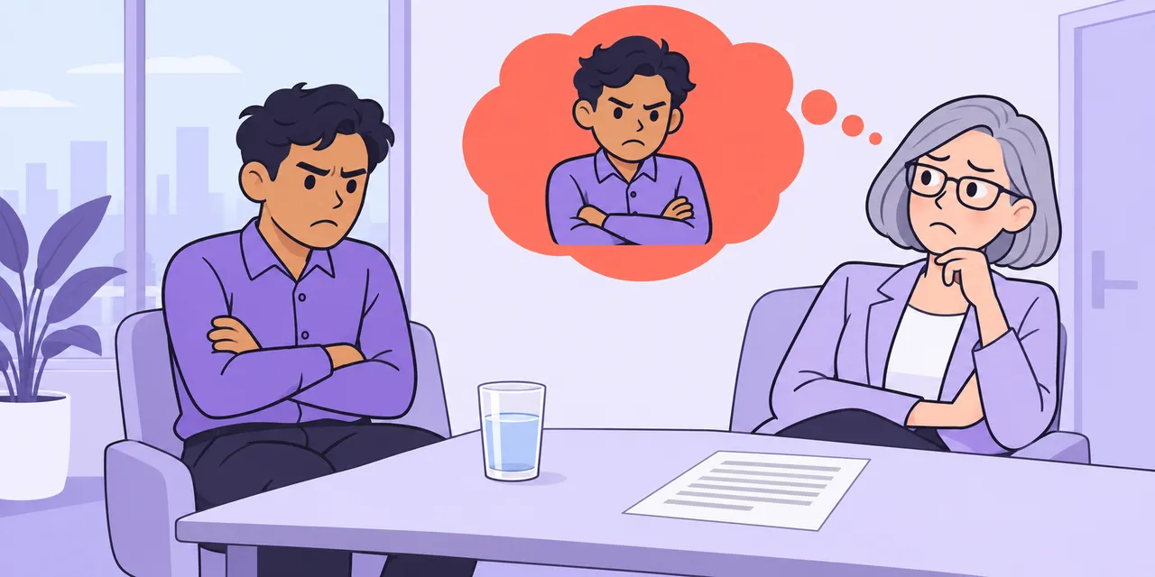 In an interview, a nervous young man sits with folded arms; the interviewer's thought bubble shows him as a scowling, unfriendly man.