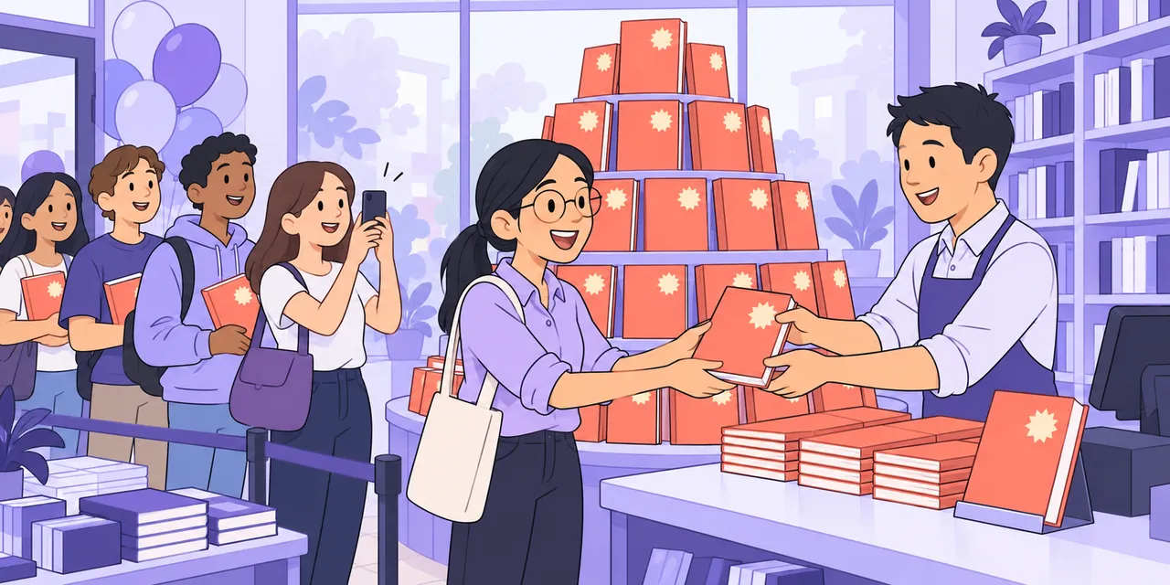 On launch day a bookshop window is stacked with new books and a queue of customers waits as one is handed over.