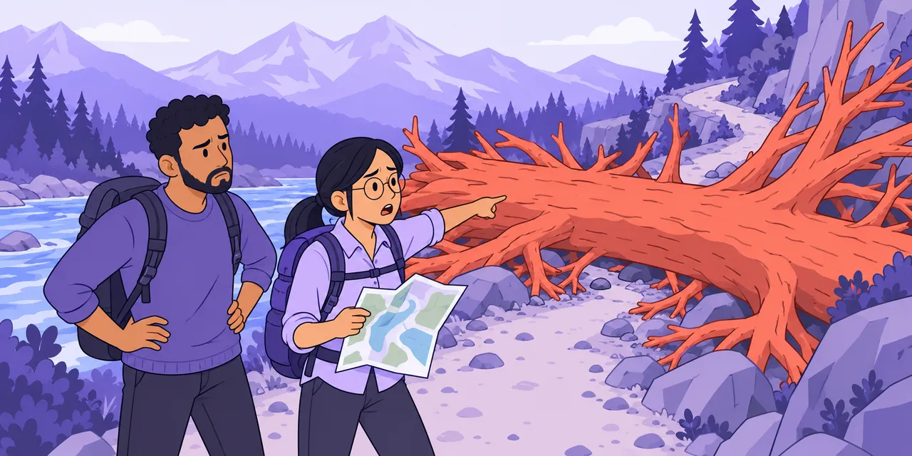 Two hikers stop short at a big fallen tree lying across their mountain trail.