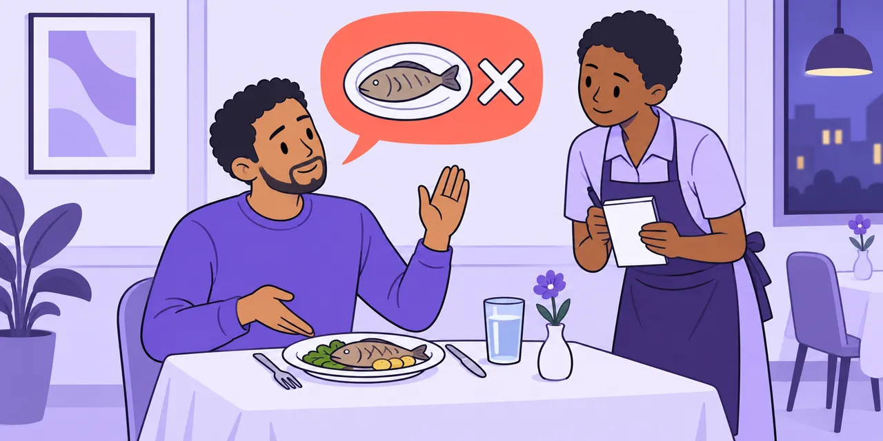In a restaurant, Sam calmly raises a hand to the waiter; his speech bubble shows the fish dish with a small cross.