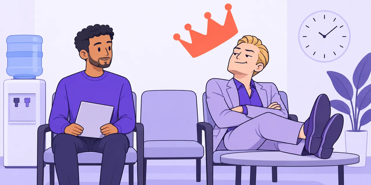 In an interview waiting area, Sam sits calmly while the man beside him lounges with his feet up under an oversized crown.