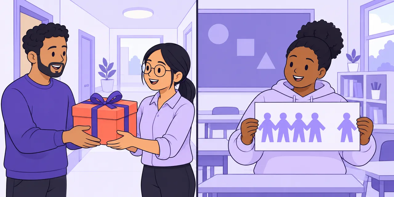 Left: a woman accepts a red gift box from a man. Right: a teacher holds up a row of paper figures with one set apart.