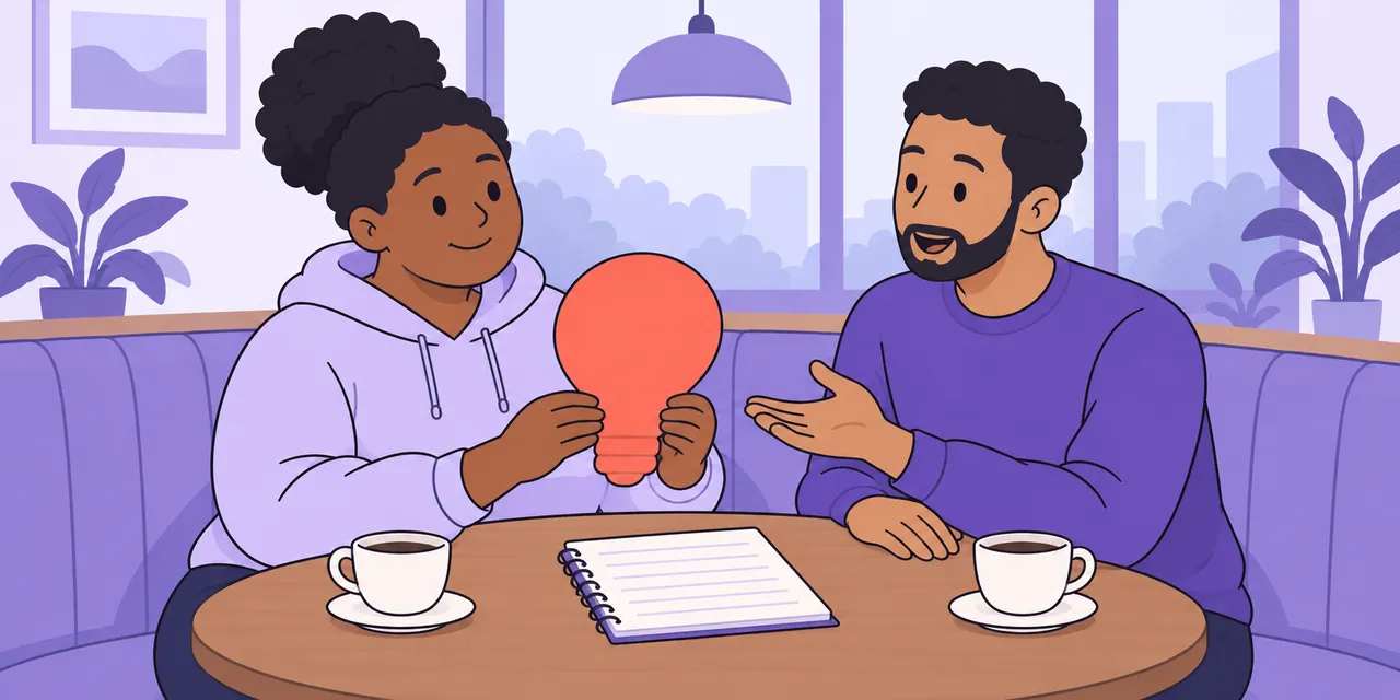 At a cafe table, one woman holds a red lightbulb card while a man explains something kindly (advice).