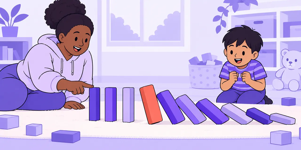 On the left a woman pushes the first domino (the affect); on the right a boy watches the row fall (the effect).