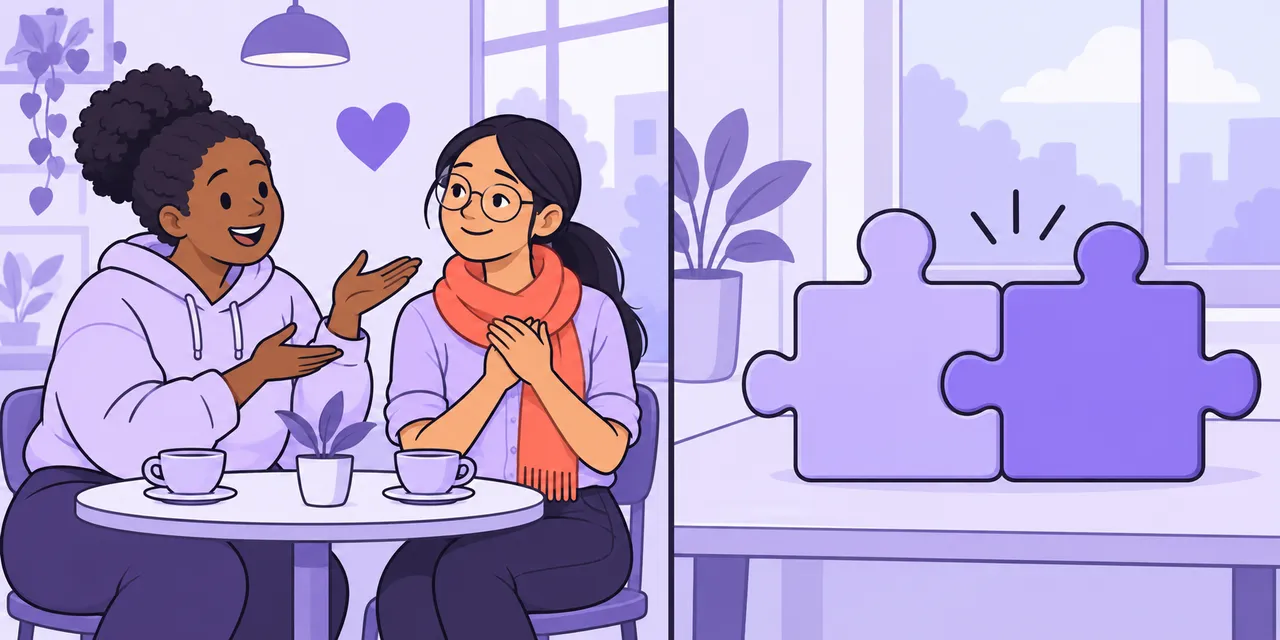 Left: a woman admires her friend's scarf over coffee. Right: two jigsaw pieces fit neatly together.