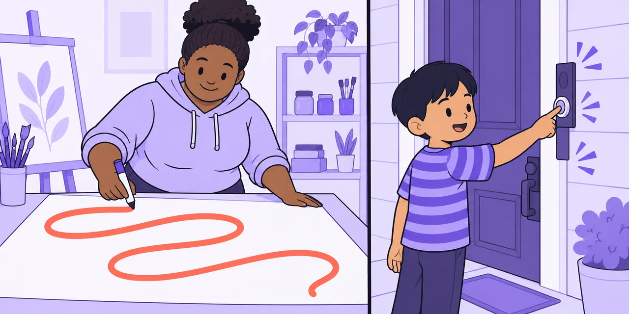Left: a woman draws one long unbroken line on paper. Right: a boy presses a doorbell again and again.