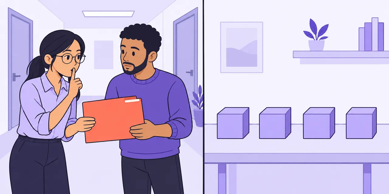 Left: a woman whispers with a finger on her lips as a folder is passed quietly. Right: four wooden blocks sit clearly apart.