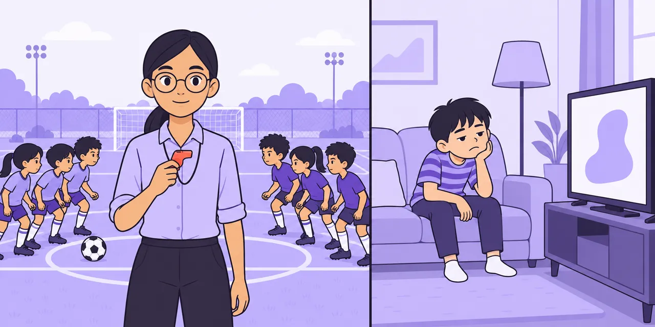 Left: a fair referee with a whistle stands between two teams. Right: a bored boy slumps on the sofa in front of the TV.