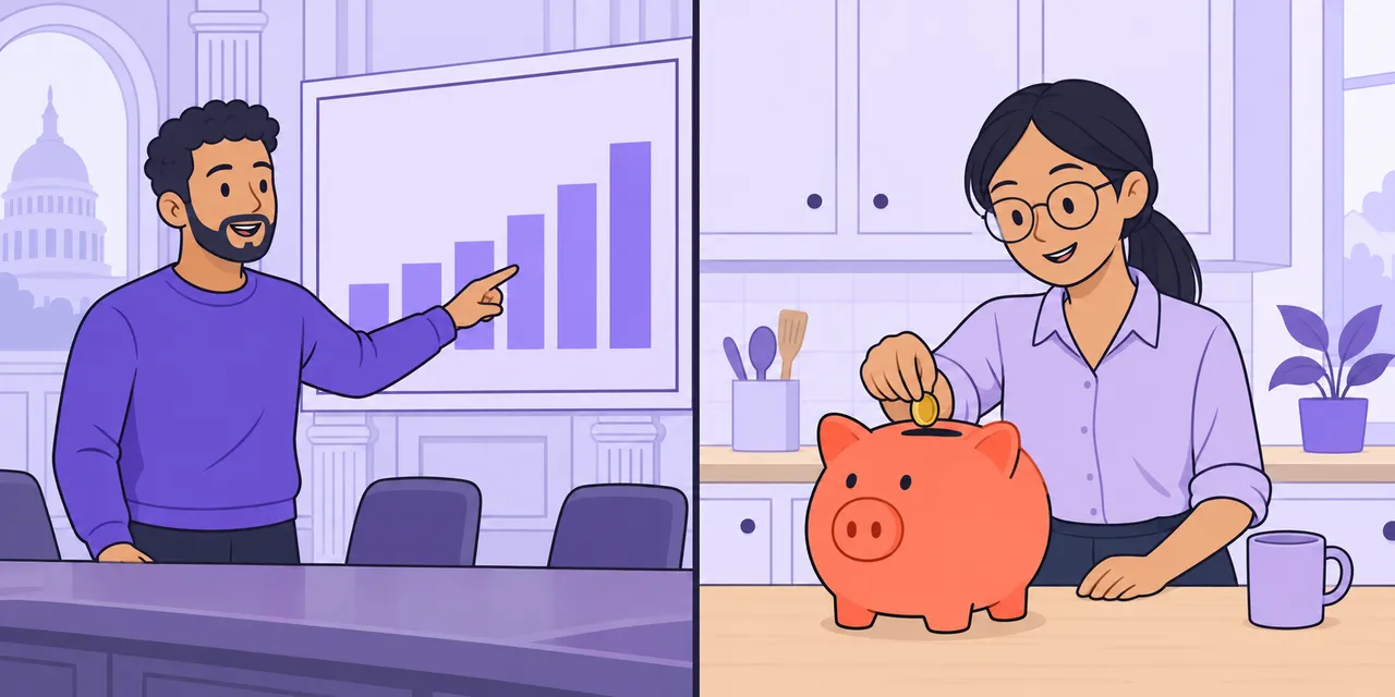 Left: a man points to a rising bar chart of a country's economy. Right: a woman drops a coin into a piggy bank.