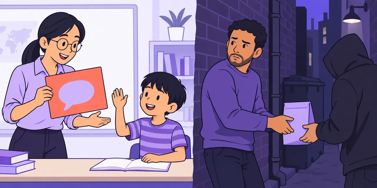 Left: a teacher holds up a speech-bubble card and a boy answers. Right: a man secretly passes a paper bag in a dark alley.