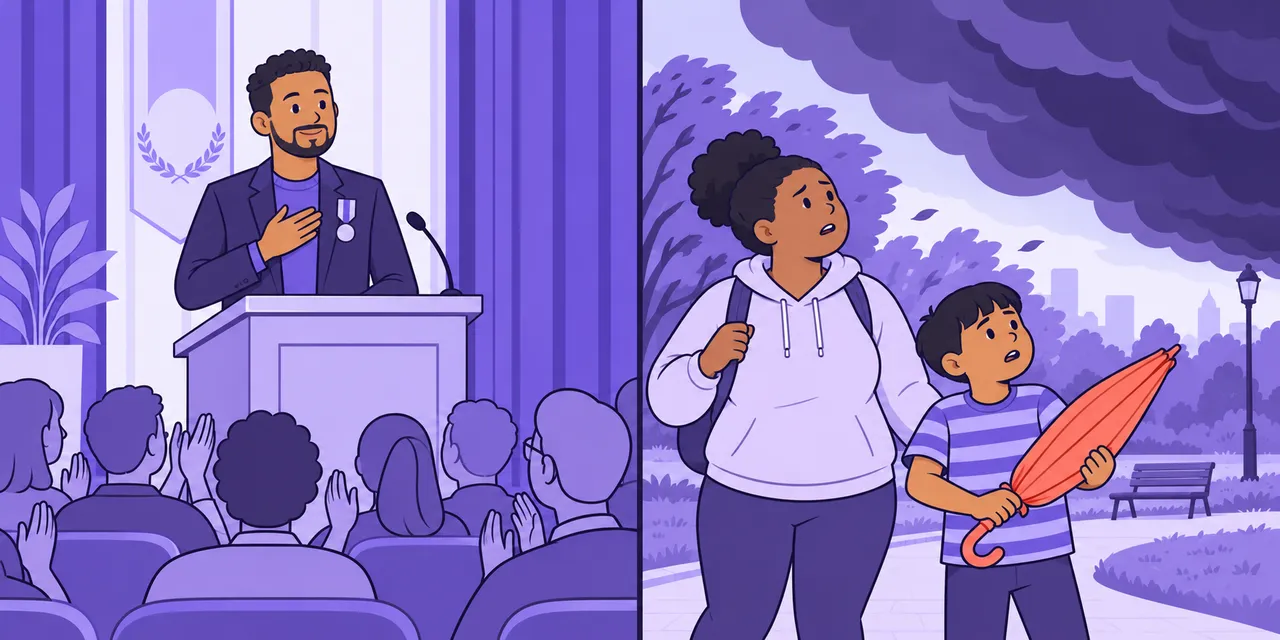 Left: a respected speaker receives applause at a lectern. Right: a boy holds an umbrella as a storm cloud rolls in.