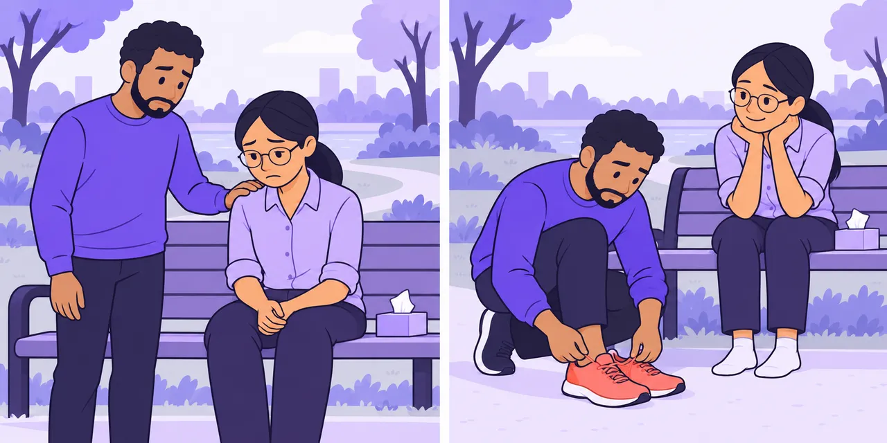 Left: a man stands beside a sad friend on a bench (sympathy). Right: he crouches to try on her shoes (empathy).