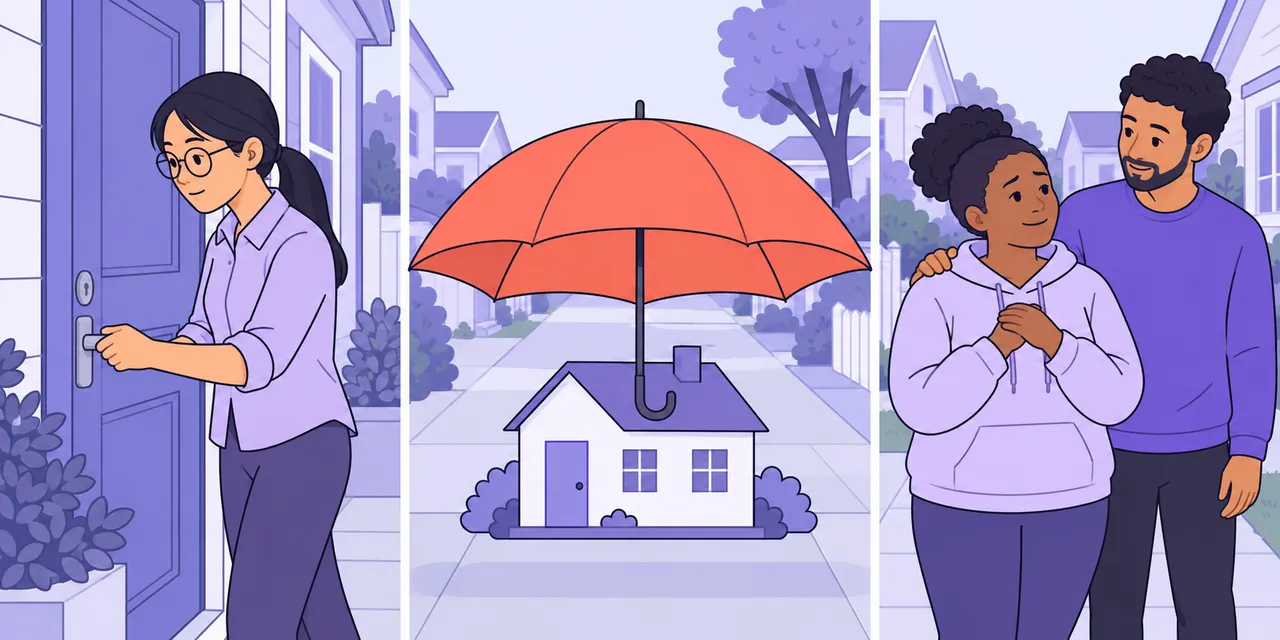 A woman checks a door is locked, a small house sits under a red umbrella, and a man reassures a relieved friend.