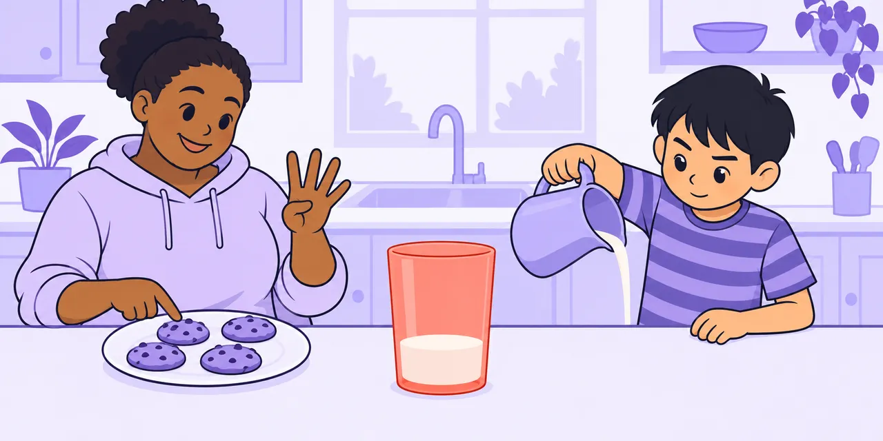 Left: a woman counts a few cookies on a plate. Right: a boy pours a small amount of milk into a glass.