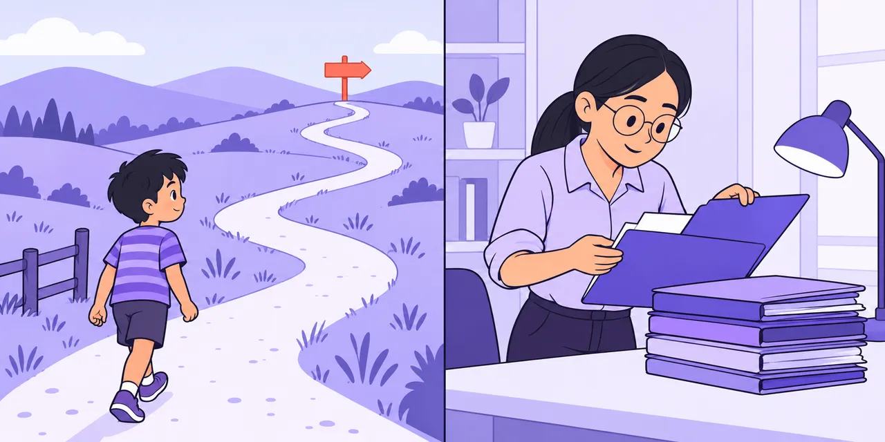 Left: a boy walks a long winding path towards a distant signpost. Right: a woman opens one more folder to read further.