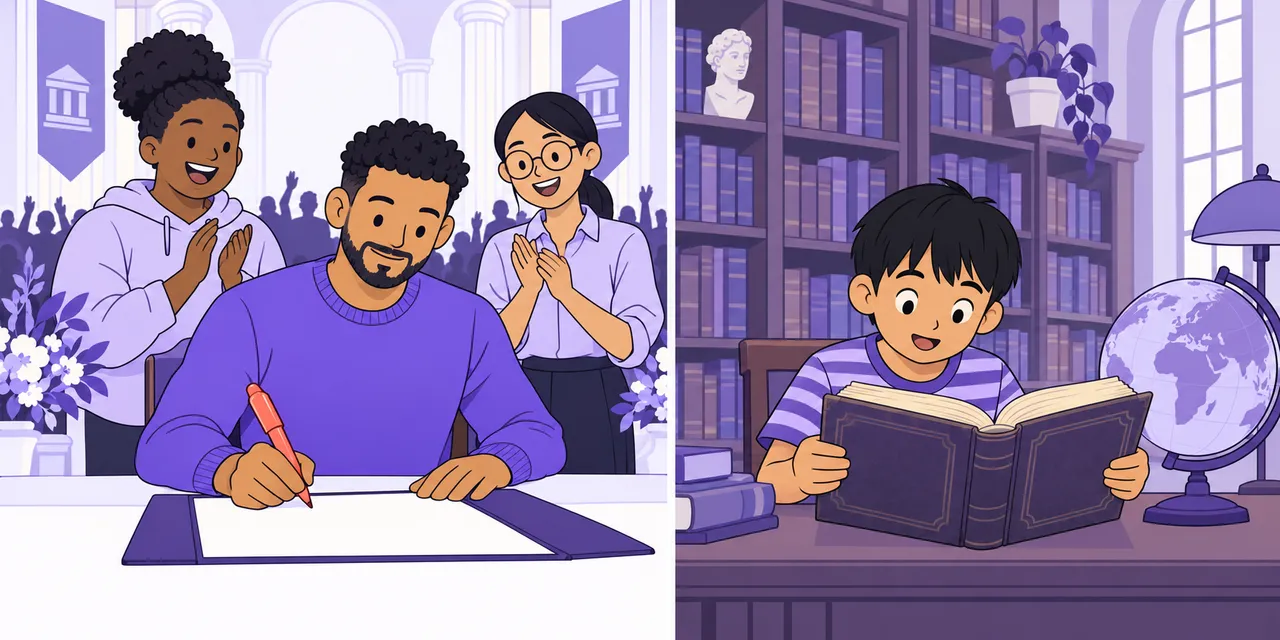 Left: a man signs a big document while two people applaud. Right: a boy reads a thick old book beside a globe.