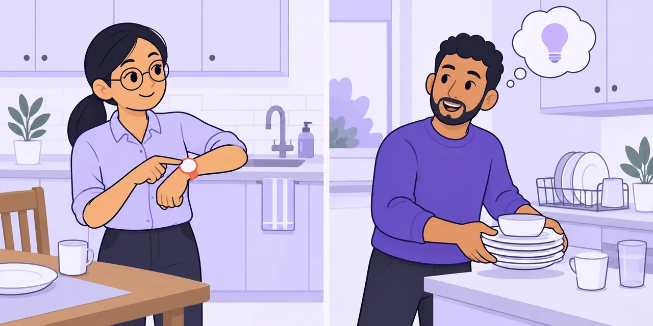 Left: a woman taps her watch without a word. Right: her friend gets the hint and starts clearing the dishes.