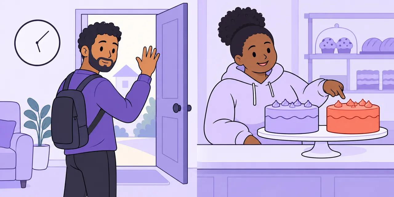 Left: a man waves goodbye at the door under a wall clock. Right: a woman points to the second of two cakes.