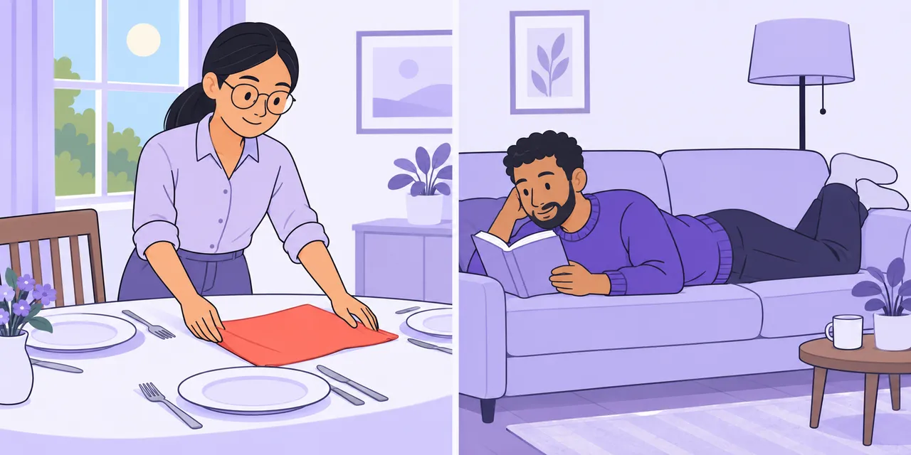 Left: a woman lays a red napkin on a set table. Right: a man lies stretched out on the sofa, reading.