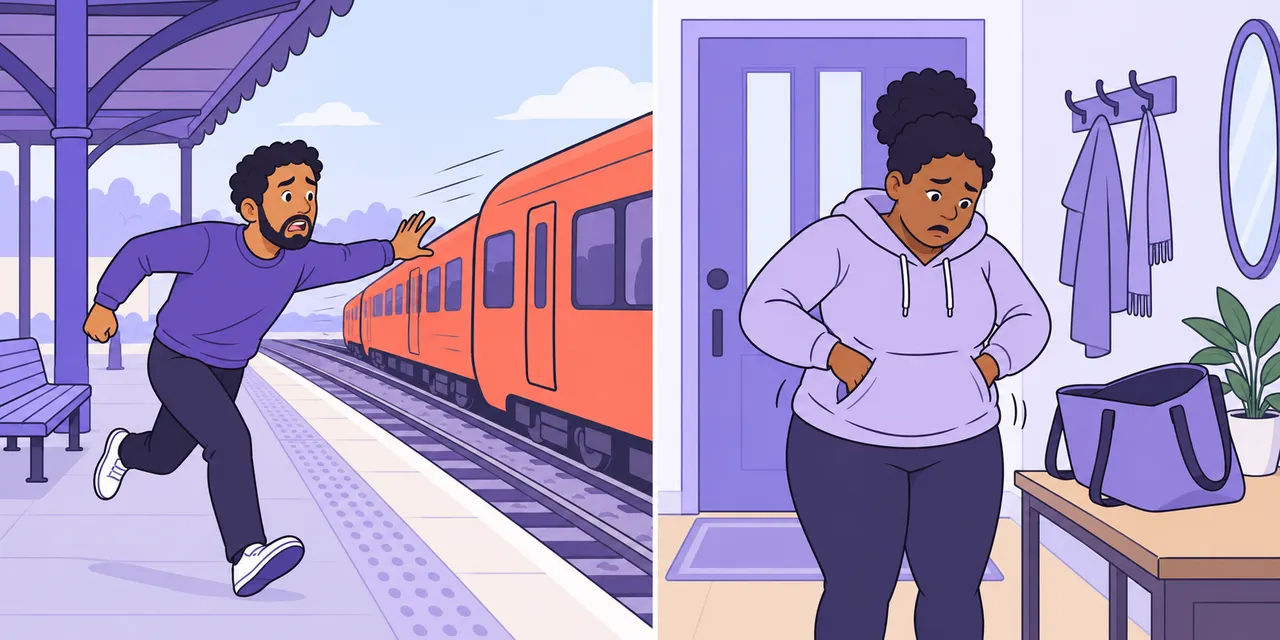 Left: a man runs onto a platform as his train pulls away without him. Right: a woman pats her empty pockets, searching for her wallet.